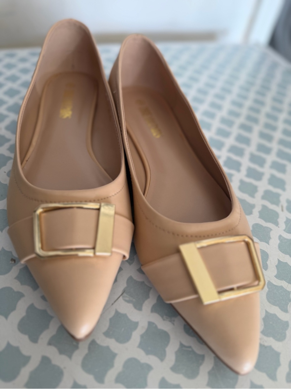 Dream Pairs Nude Pointed Flats with Gold Buckles